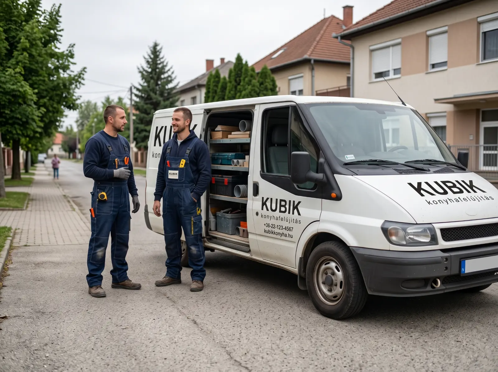 Két KUBIK-munkatárs a felszerelt kisteherautó mellett, kiszállás előtt
